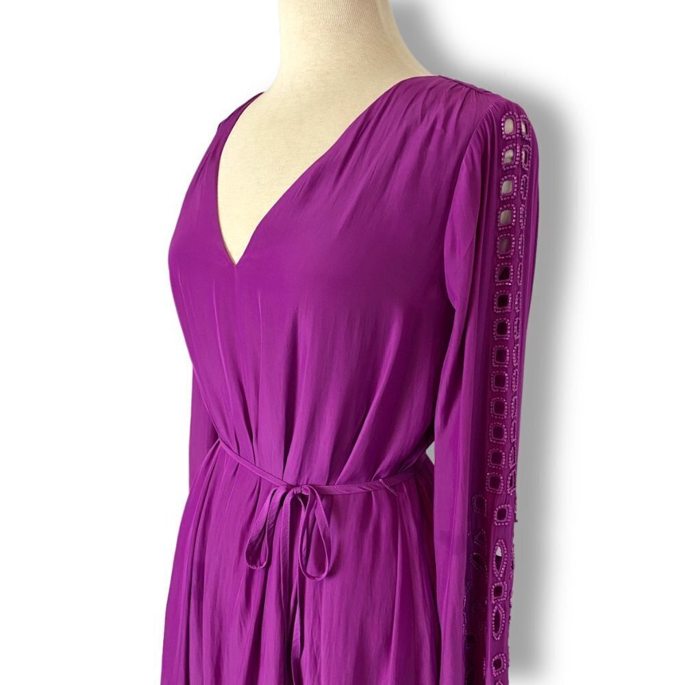 Ramy Brook Eyelet Molly Pink Purple Long Bell Sleeve Mini Dress, Beaded, Sz XS - Picture 4 of 11
